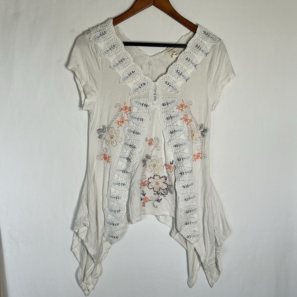 Sundance Luzia Embroidered Tunic Top White Eyelet Lace Sharkbite Hem Boho Small